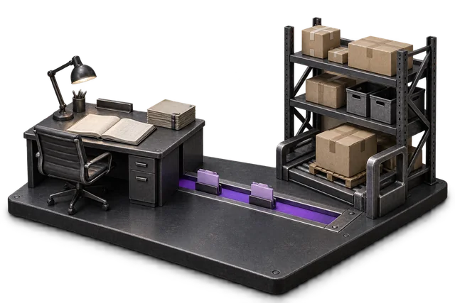 Conceptual illustration: An accounts desk and warehouse shelf linked by a narrow channel carrying record tabs.