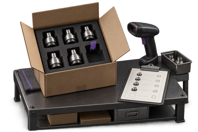 Conceptual illustration: An incoming carton, scanner and receiving record with an empty item slot marked for review.