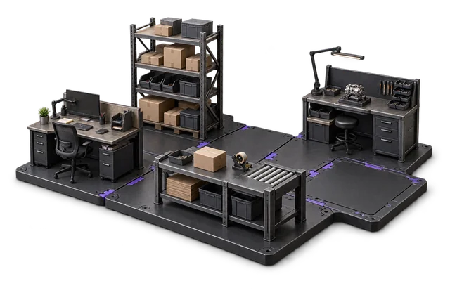 Conceptual illustration: Order, stock and dispatch work cells fitted to a modular plan with one optional extension.