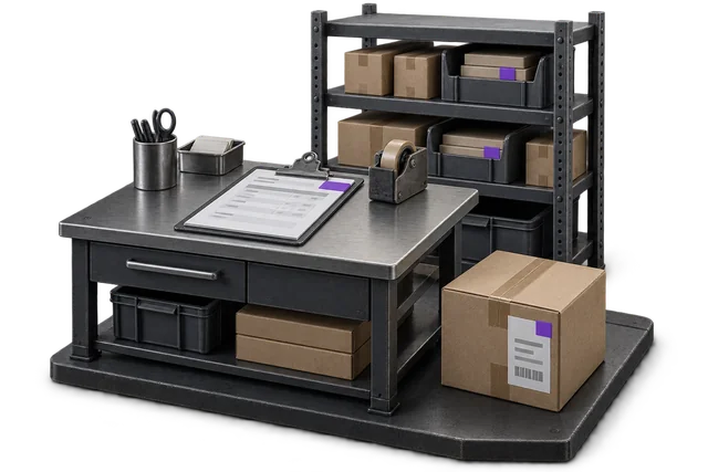 Conceptual illustration: A trade-order desk, organised stock shelf and allocated parcel with matching reference tabs.