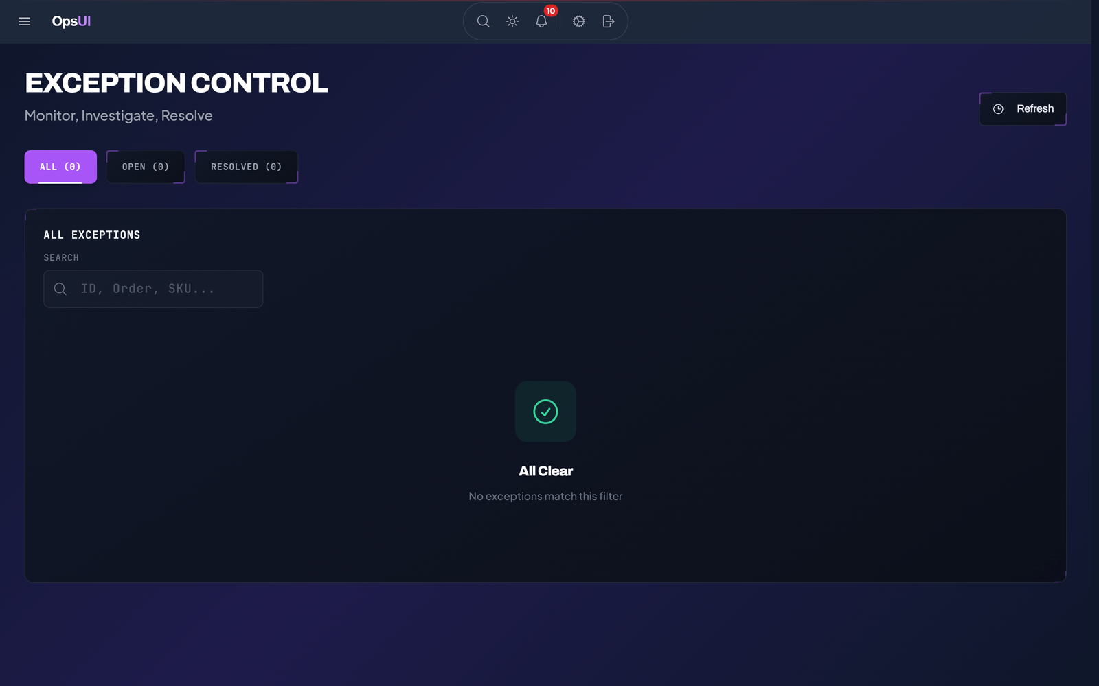 Exceptions Management module, OpsUI product screenshot