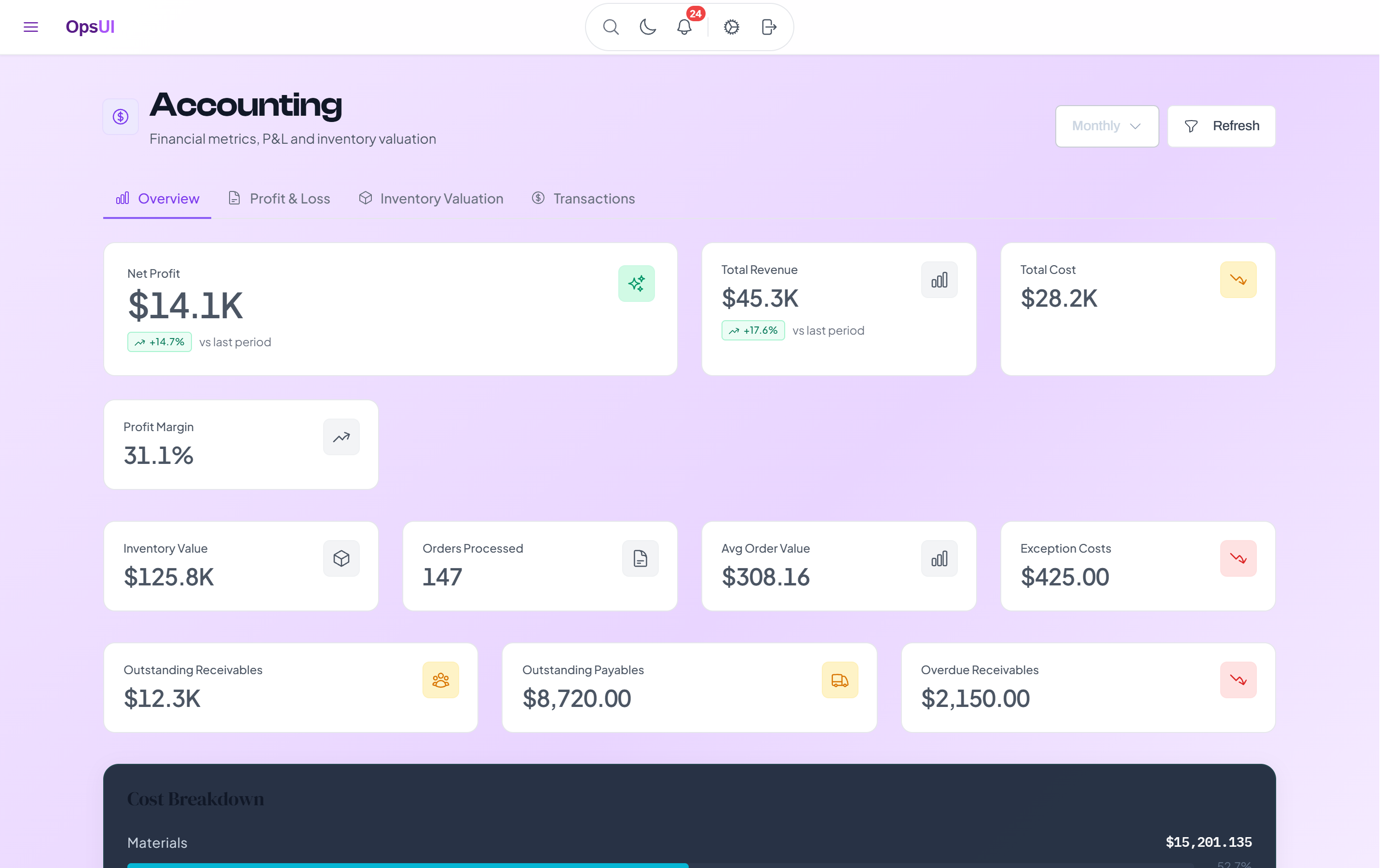 Finance & Accounting module — OpsUI product screenshot