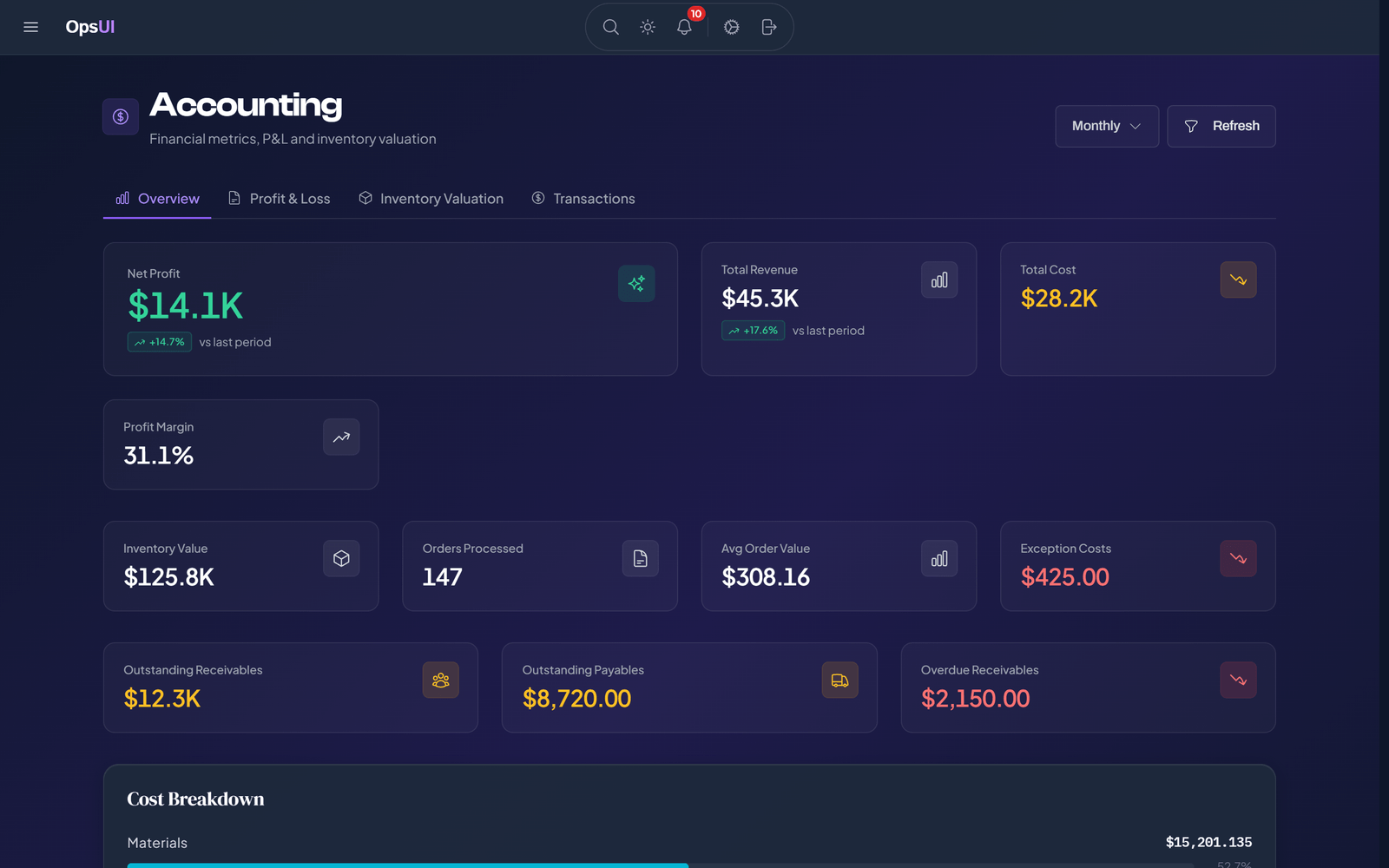 Finance & Accounting module, OpsUI product screenshot