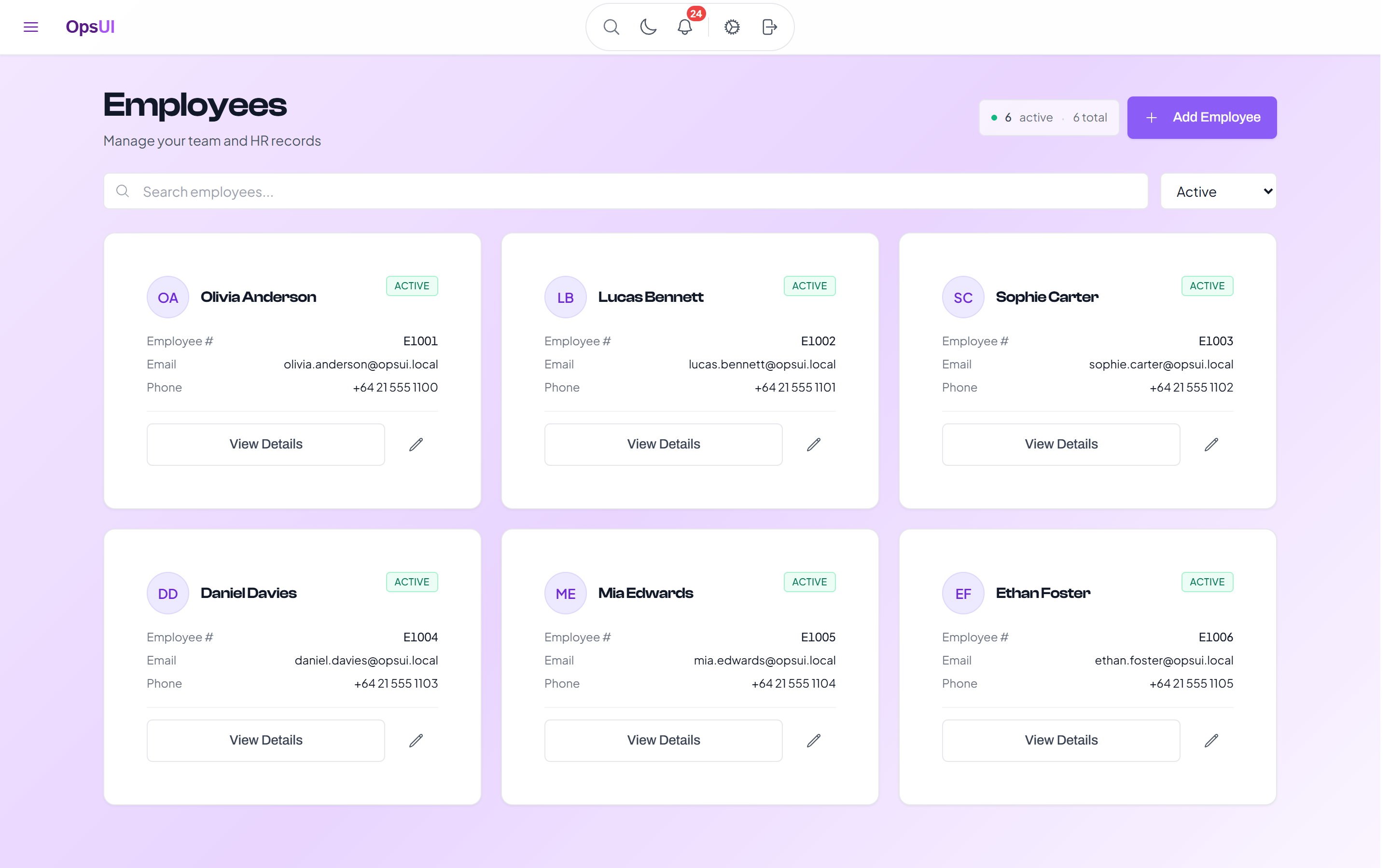 Human Resources module — OpsUI product screenshot