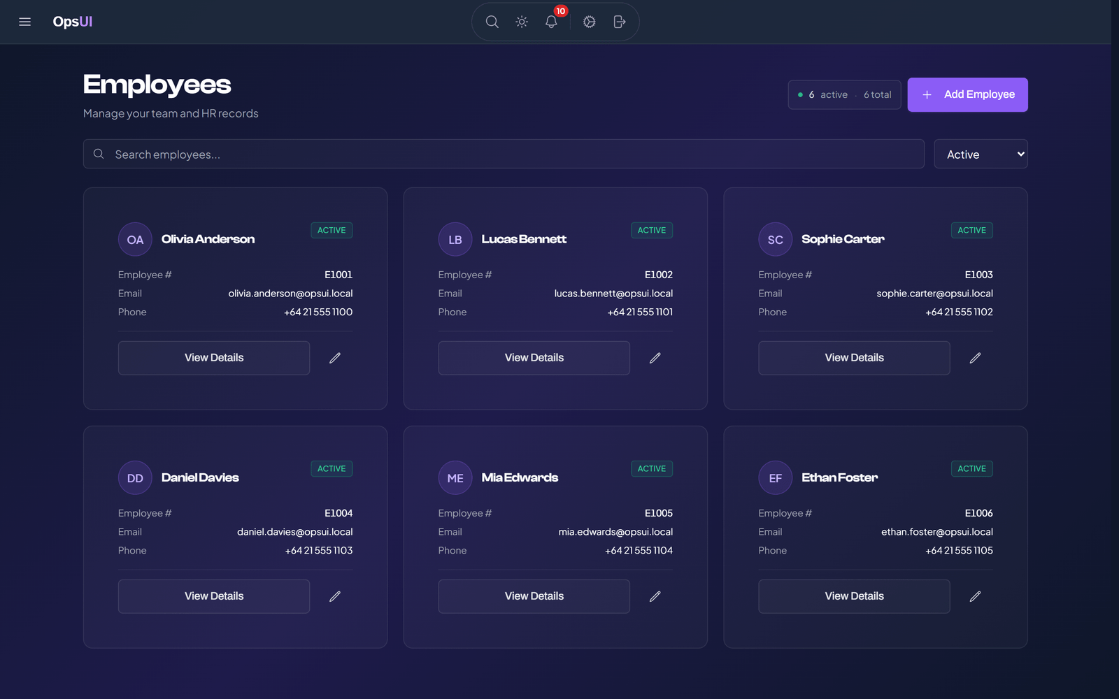 Human Resources module, OpsUI product screenshot
