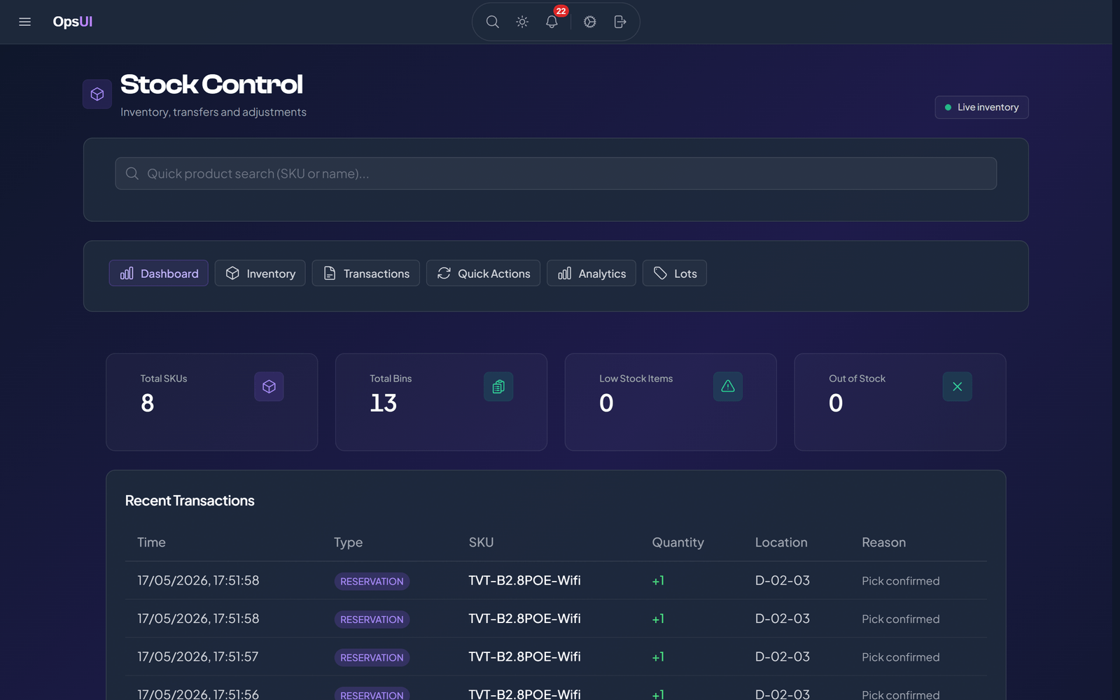 Inventory Management module, OpsUI product screenshot