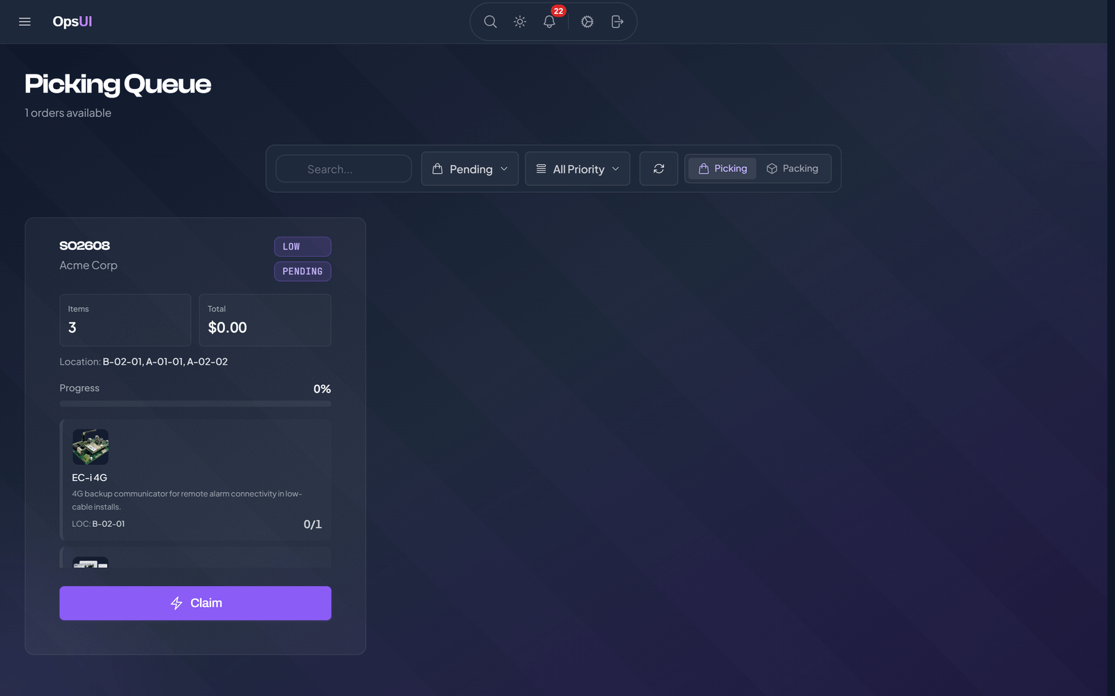 Order Management module, OpsUI product screenshot