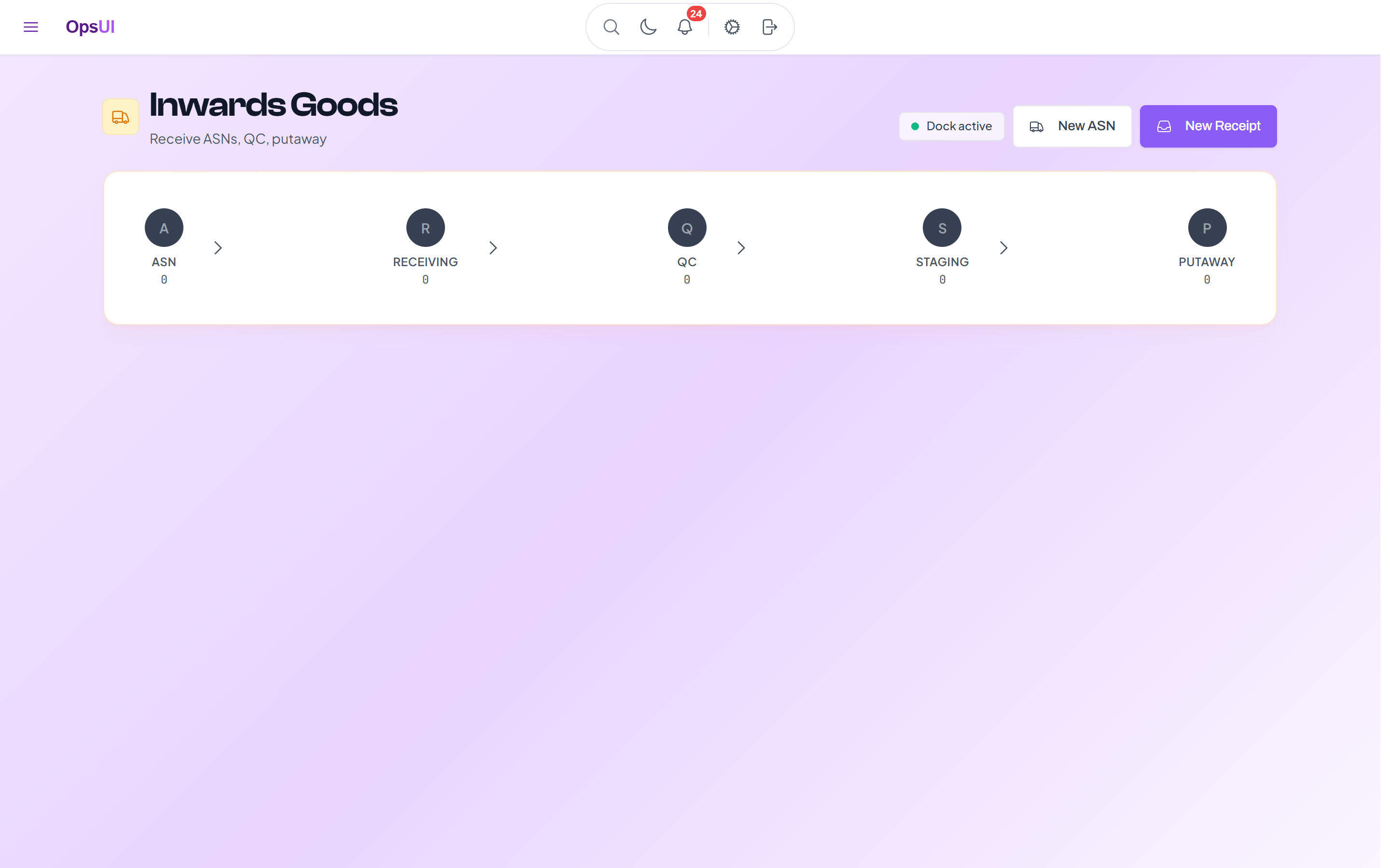 Receiving/Inbound module — OpsUI product screenshot