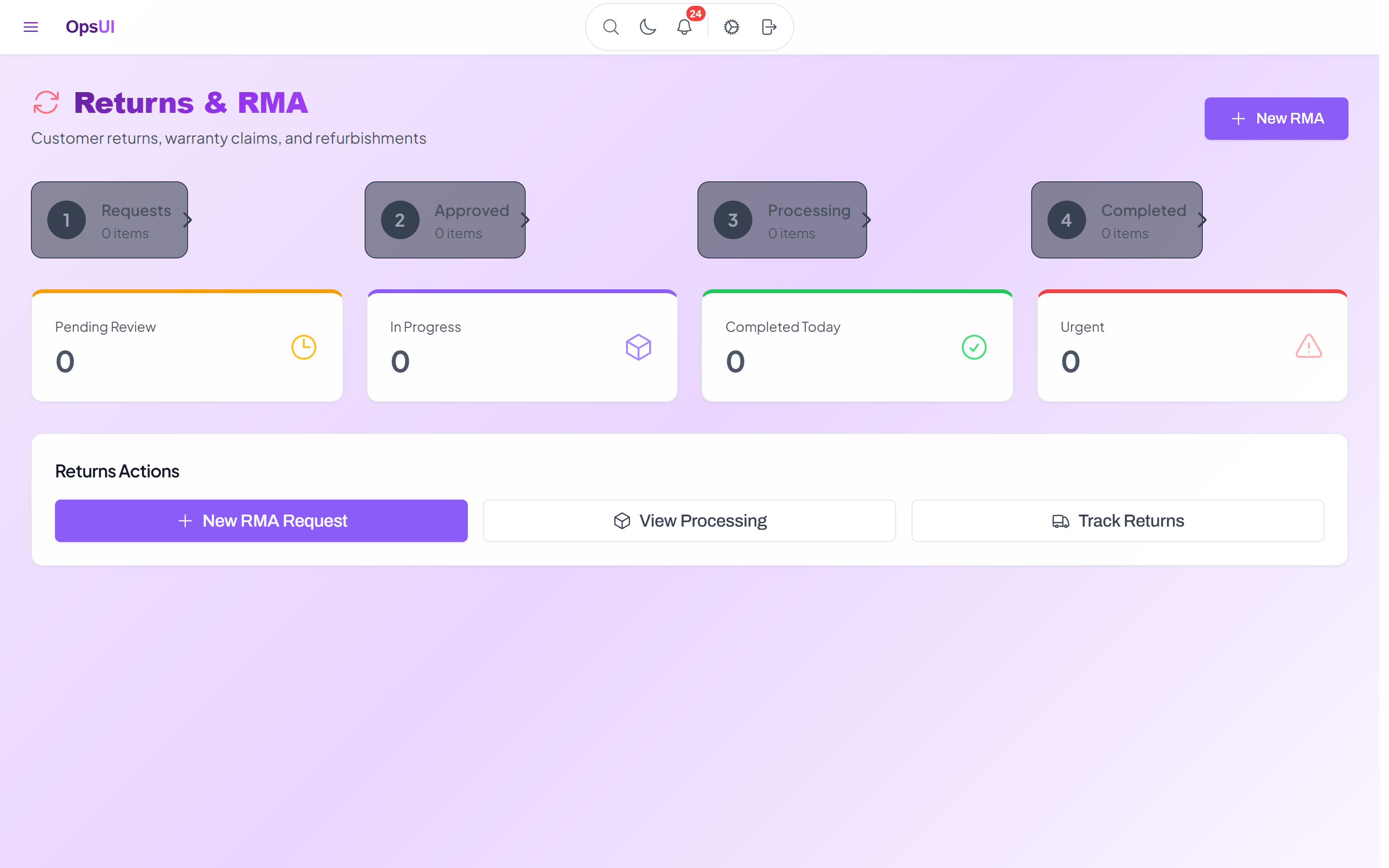 Returns Management (RMA) module — OpsUI product screenshot