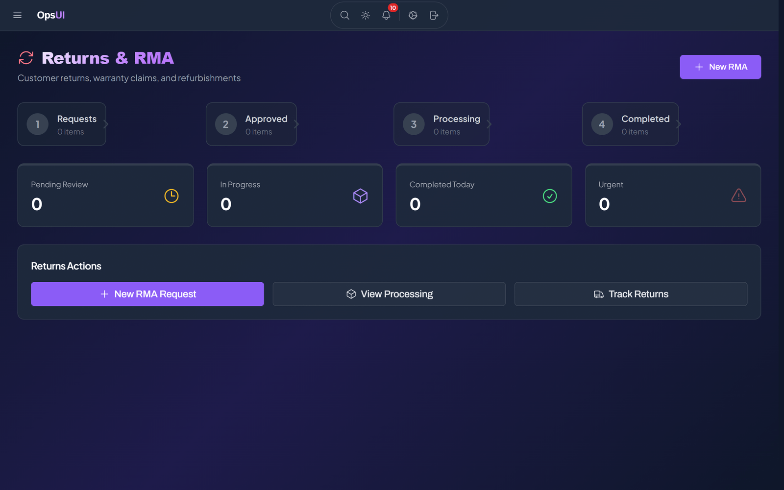 Returns Management (RMA) module, OpsUI product screenshot