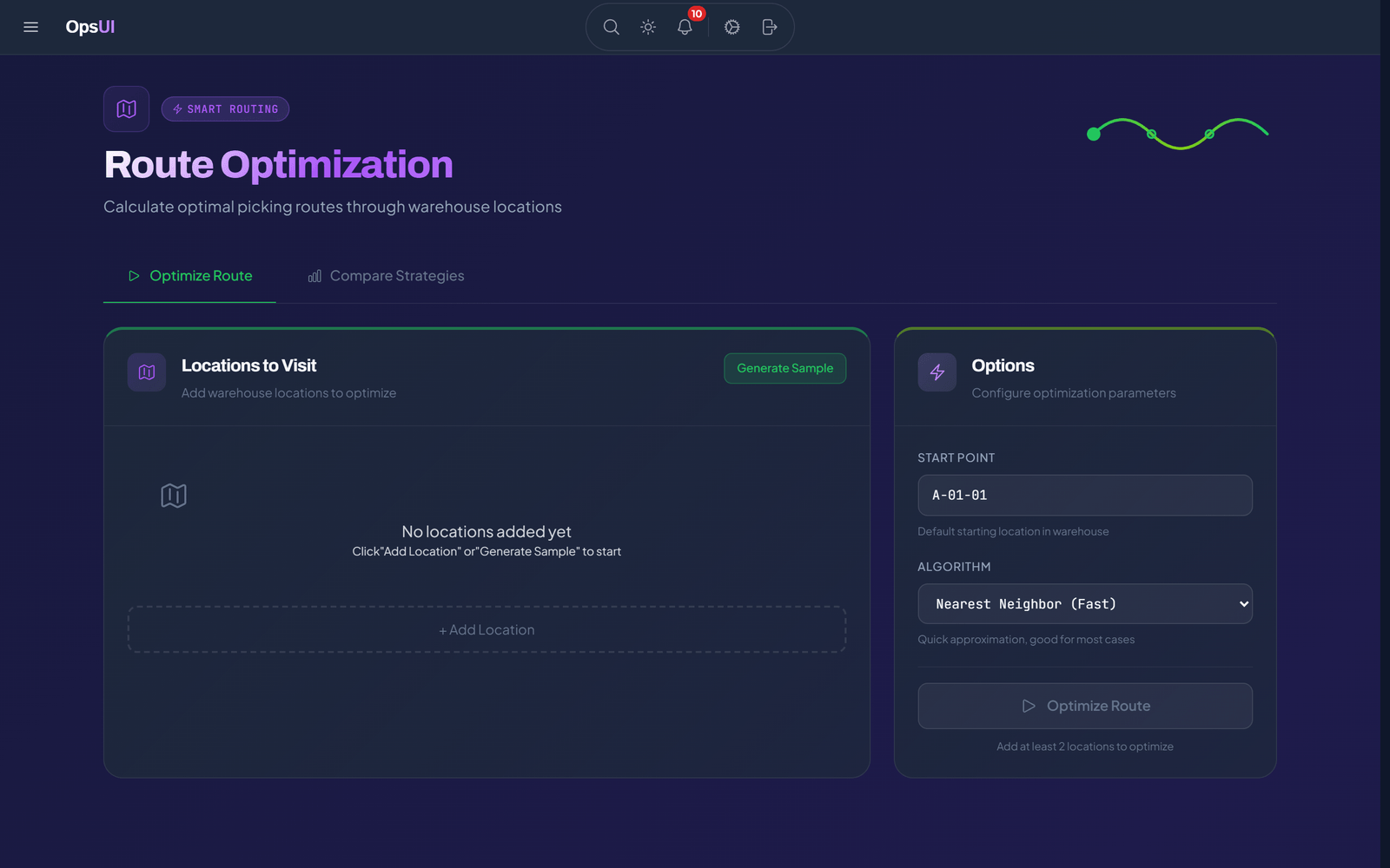 Route Optimization module, OpsUI product screenshot