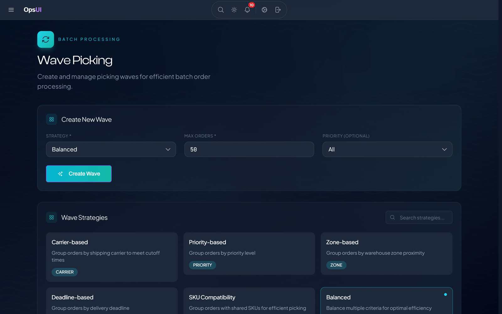 Wave Picking module, OpsUI product screenshot