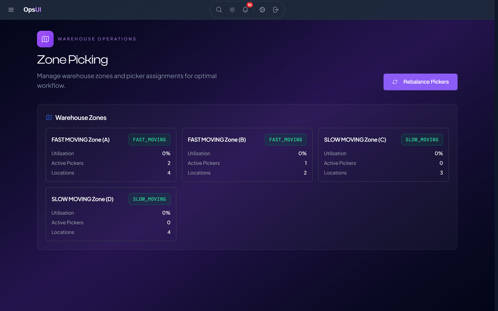Zone Picking module, OpsUI product screenshot